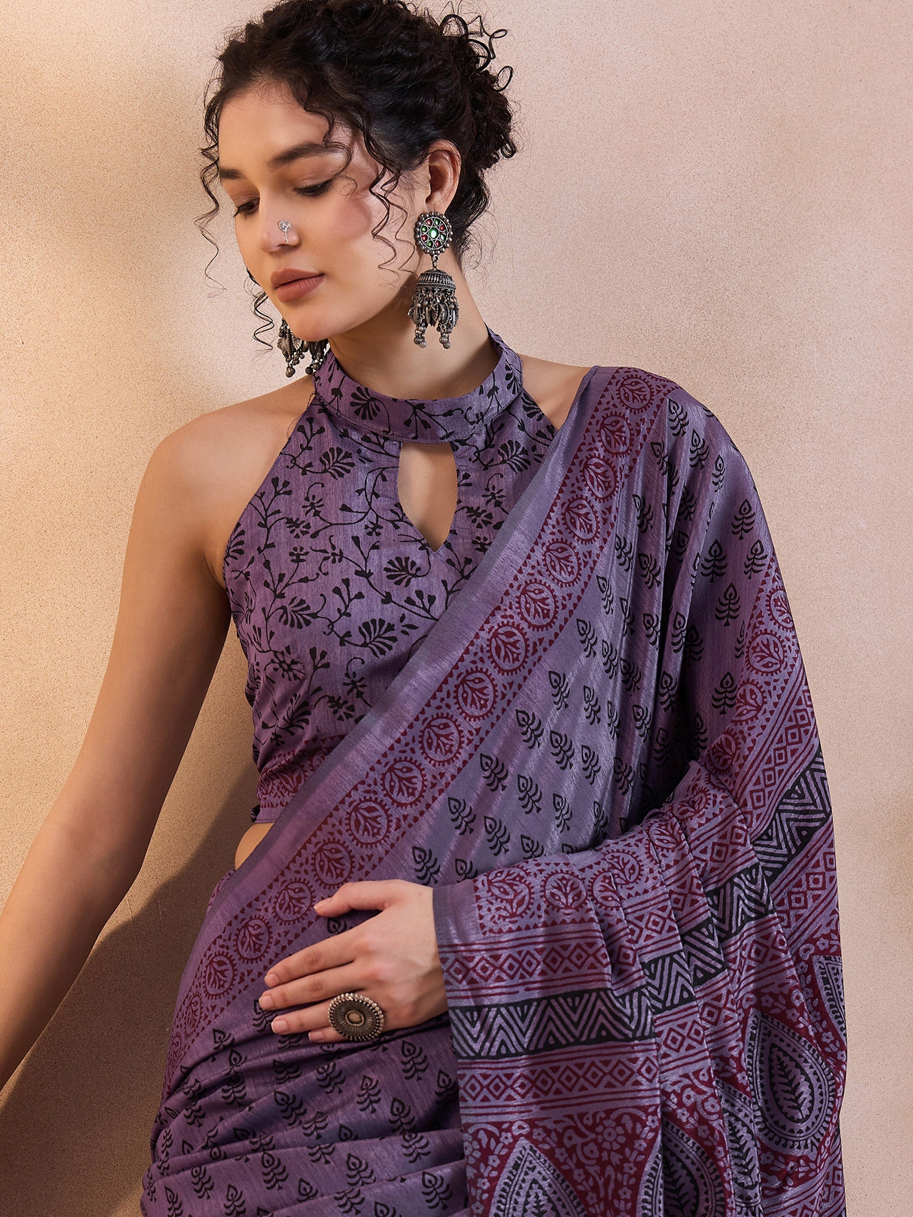 Buy MySilkLove Smoky Purple Printed Dola Silk Saree Online