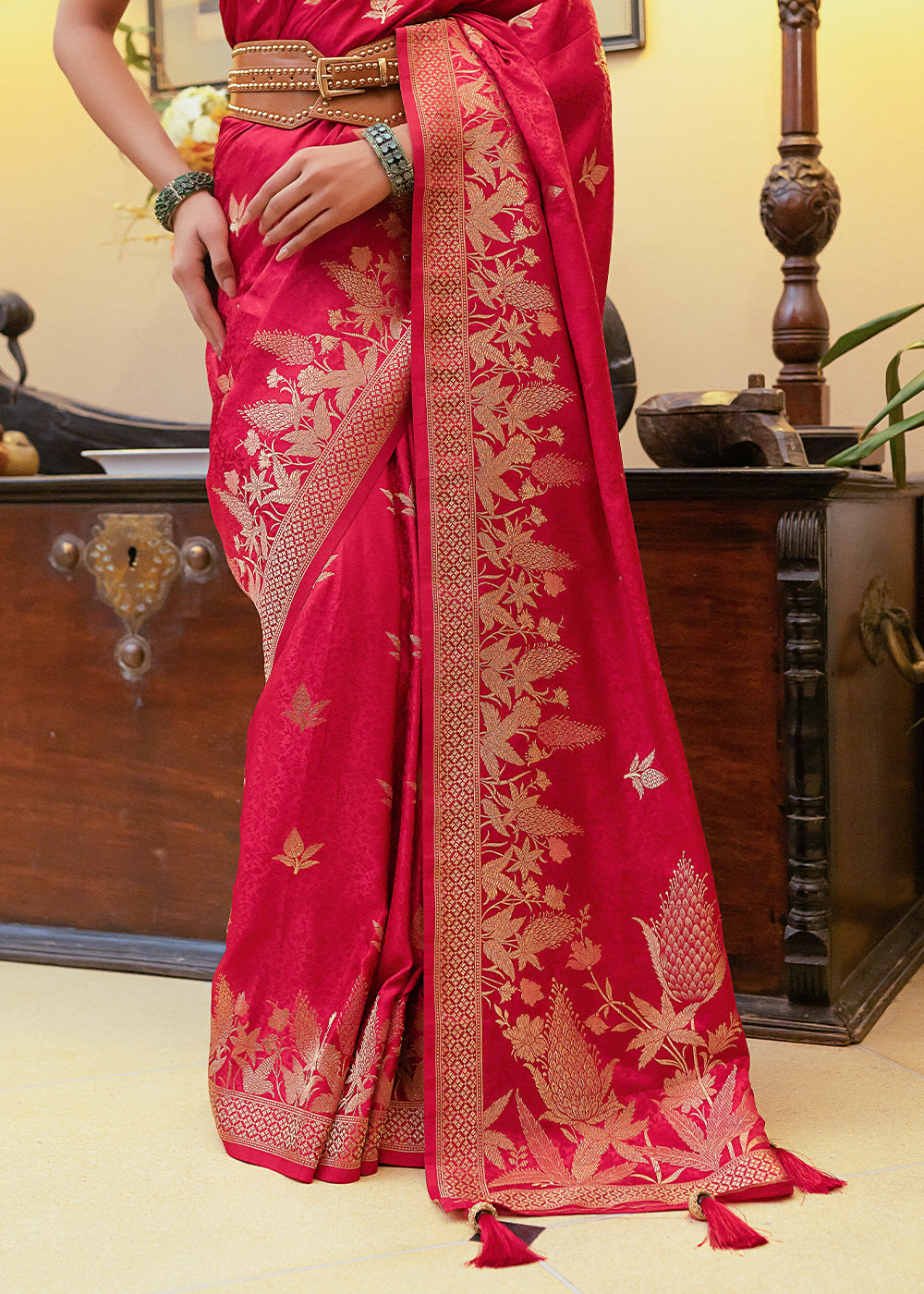 Buy MySilkLove Cardinal Red Woven Satin Silk Saree Online