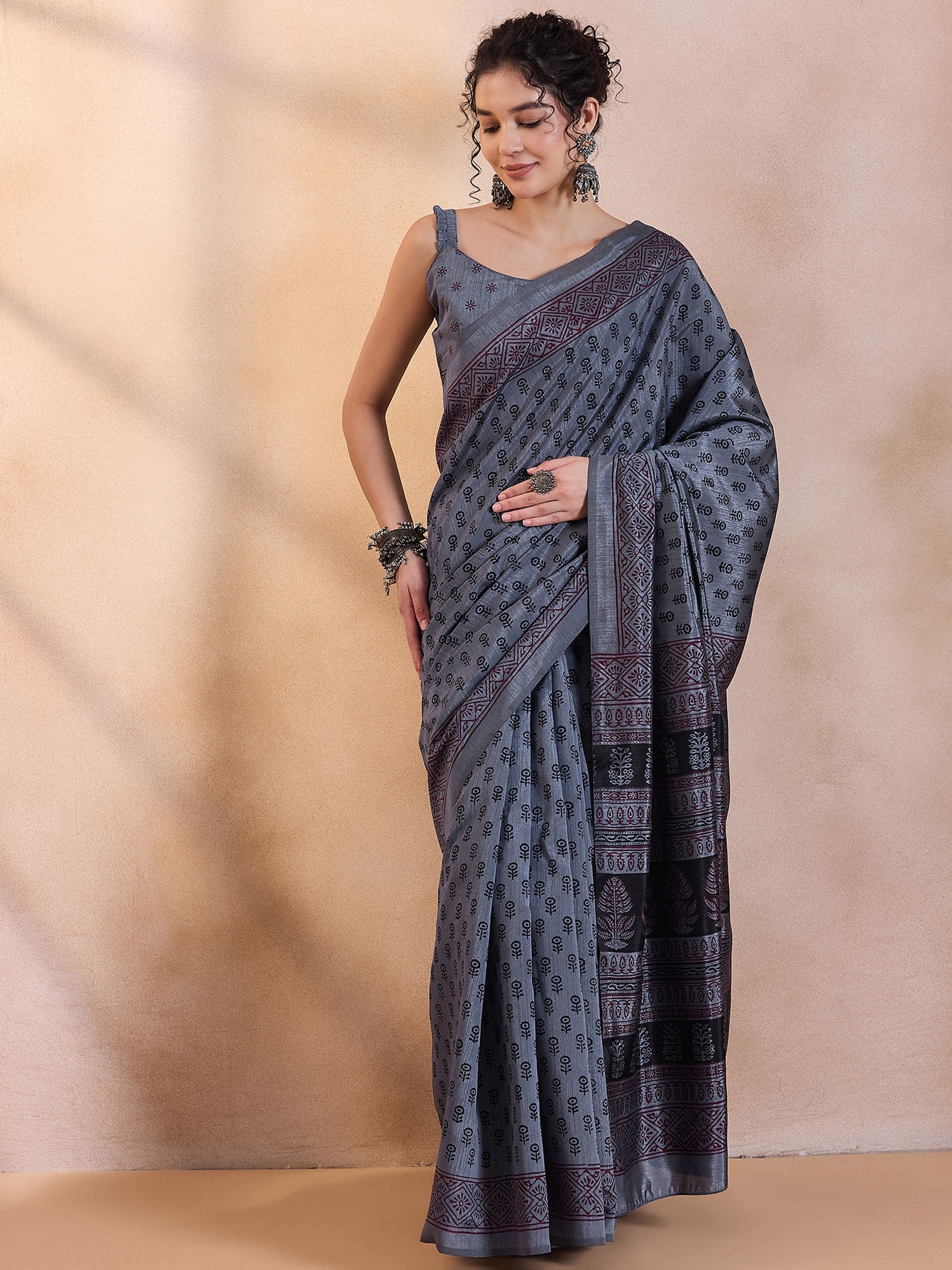 Buy MySilkLove Shuttle Grey Printed Dola Silk Saree Online