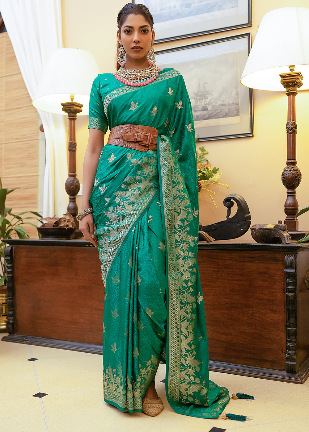 Buy MySilkLove Salem Green Woven Satin Silk Saree Online