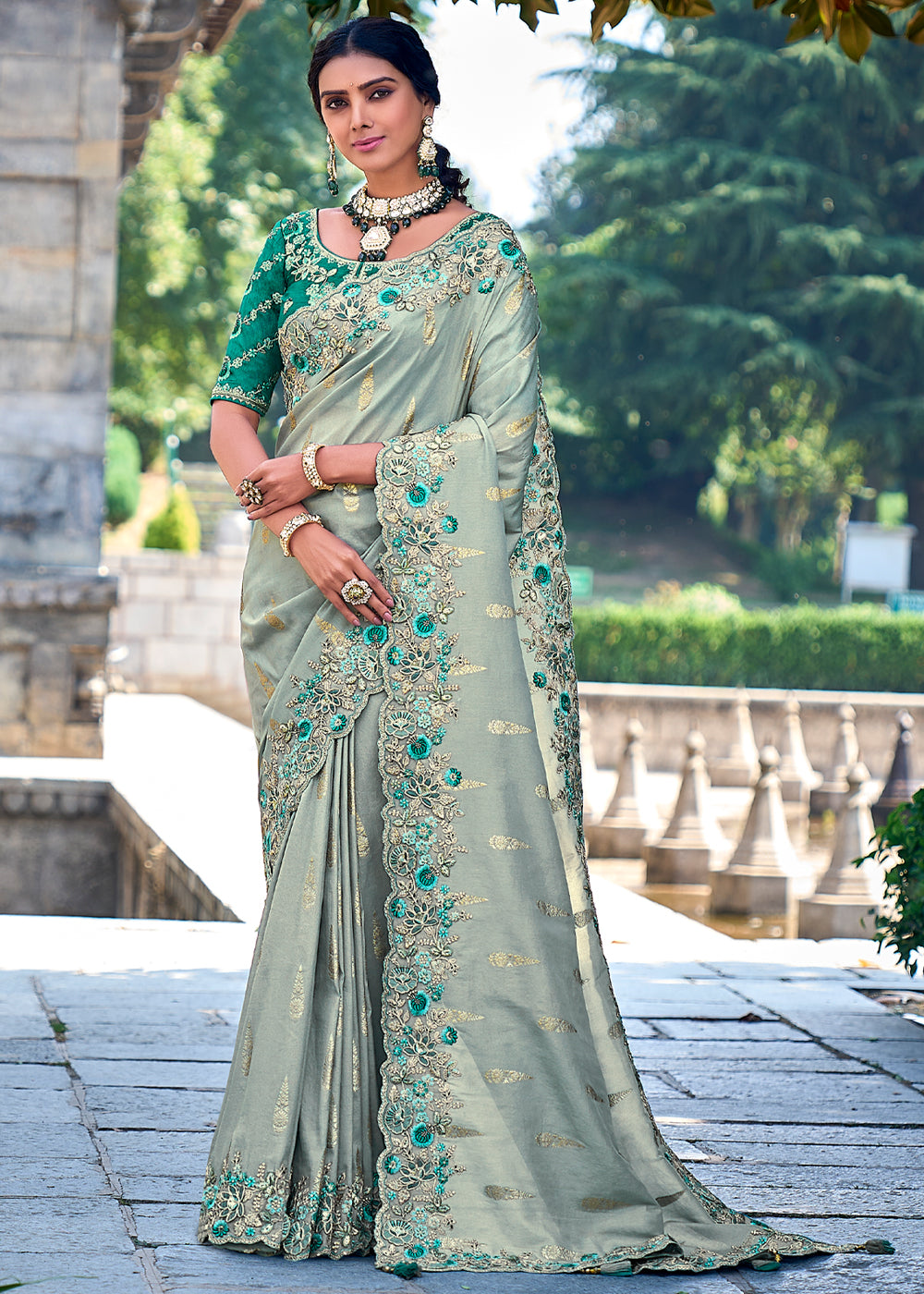 Buy MySilkLove Opal Green Woven Designer Banarasi Embroidered Silk Saree Online