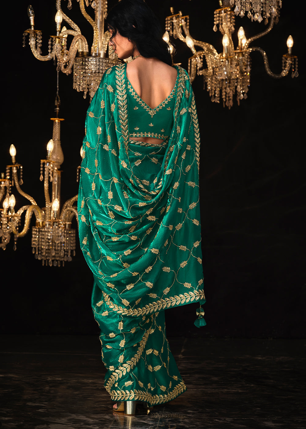 Buy MySilkLove Genoa Green Embroidered Designer Satin Silk Saree Online