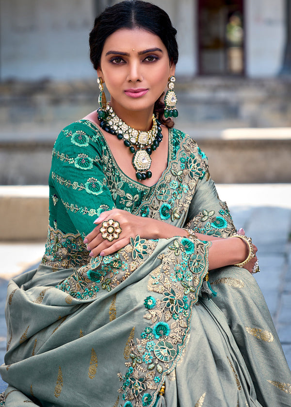 Opal Green Woven Designer Banarasi Embroidered Silk Saree