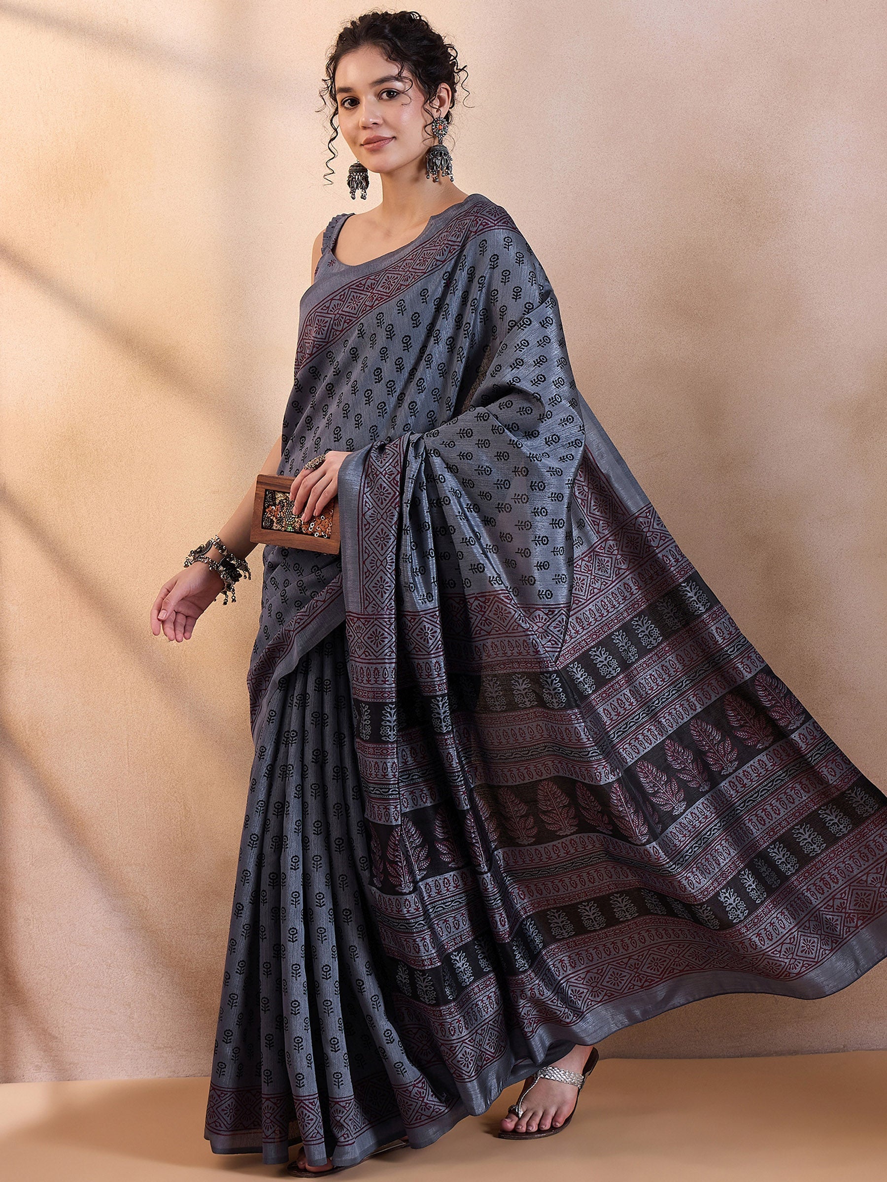 Buy MySilkLove Shuttle Grey Printed Dola Silk Saree Online