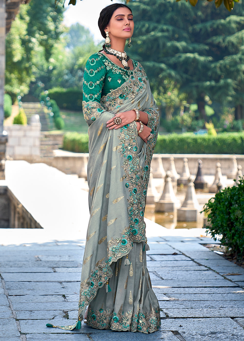 Buy MySilkLove Opal Green Woven Designer Banarasi Embroidered Silk Saree Online