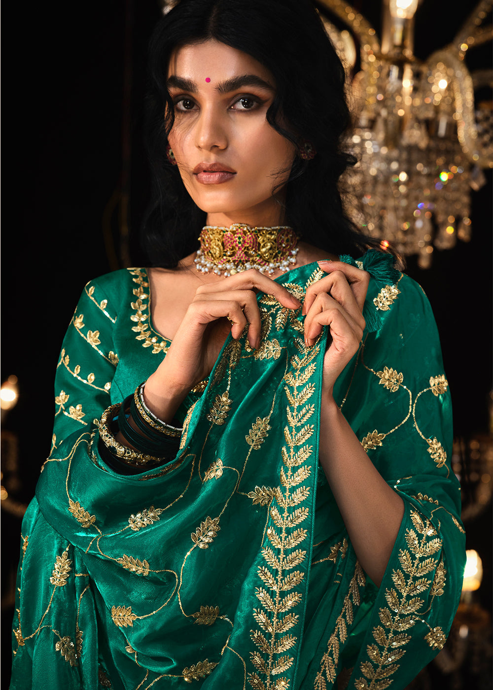 MySilkLove Genoa Green Embroidered Designer Satin Silk Saree