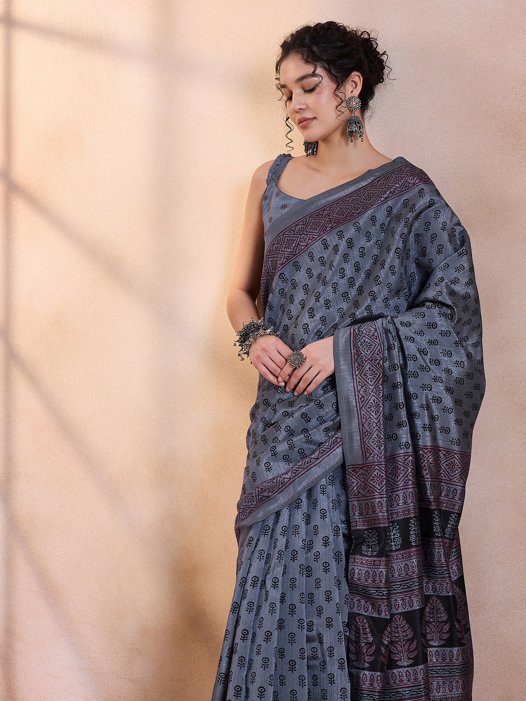 Buy MySilkLove Shuttle Grey Printed Dola Silk Saree Online