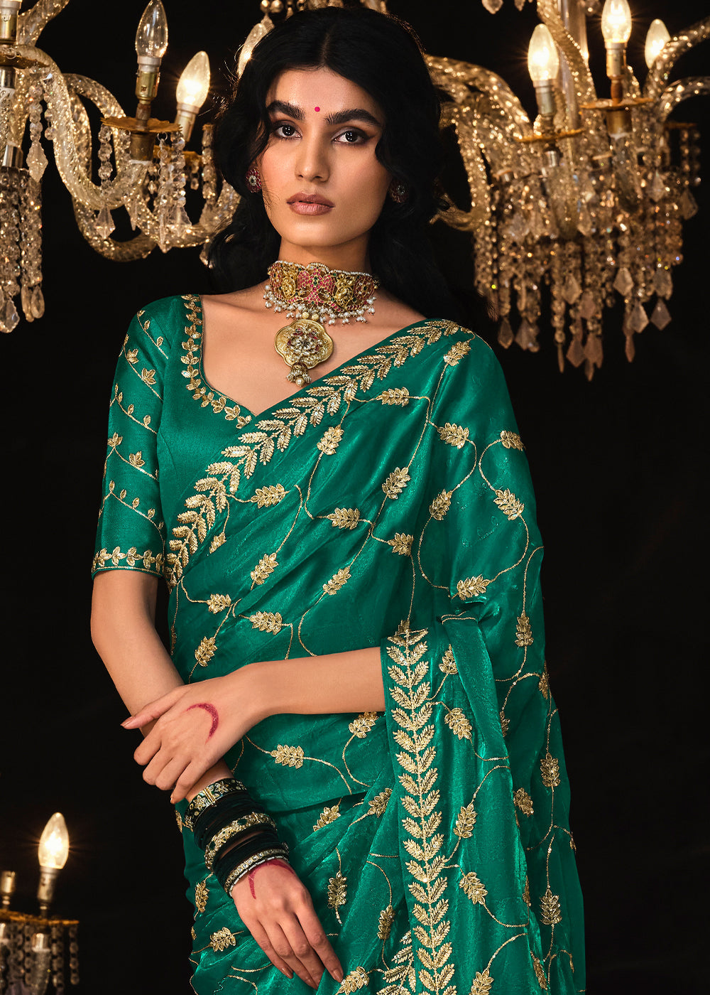 Buy MySilkLove Genoa Green Embroidered Designer Satin Silk Saree Online