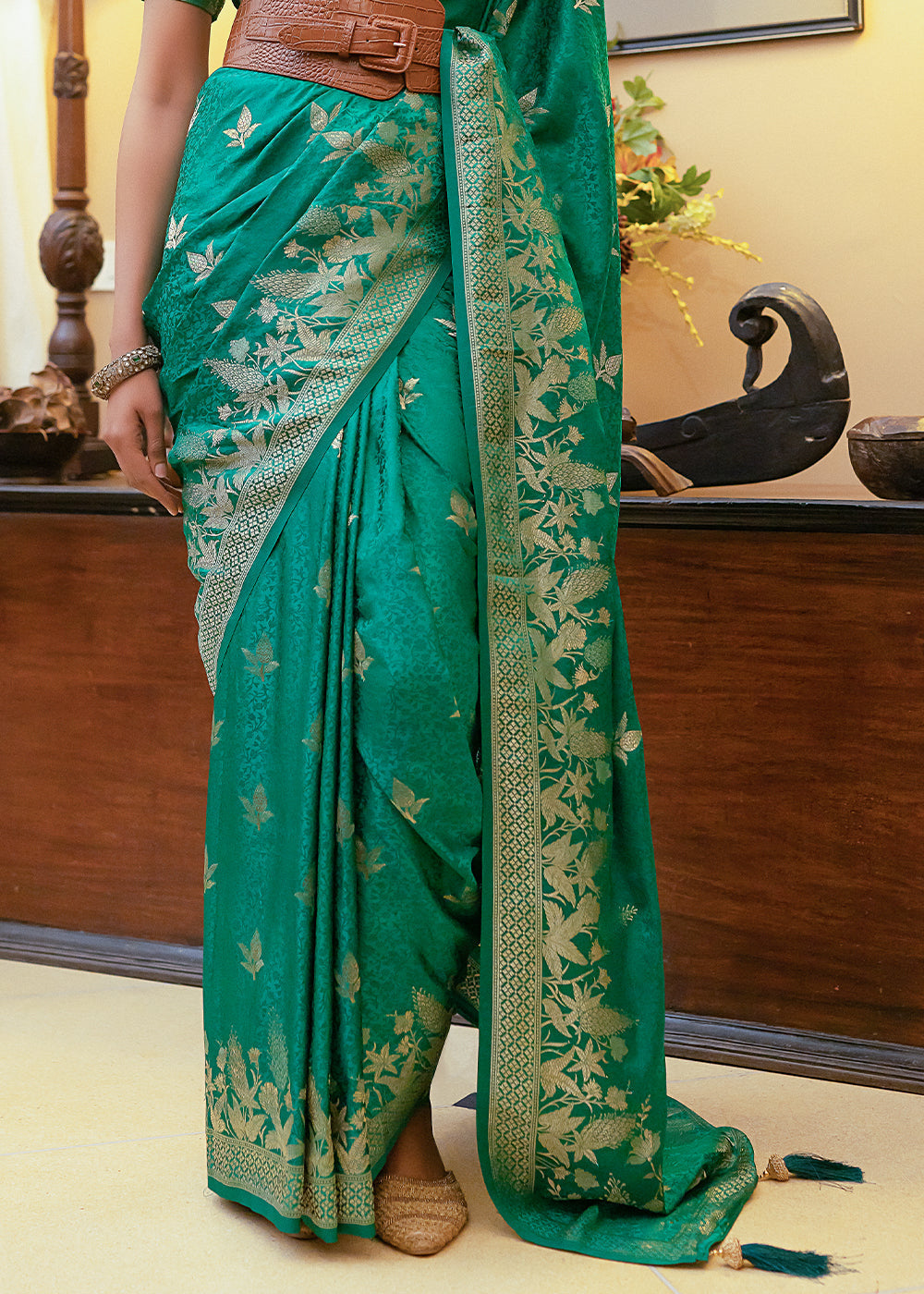 Buy MySilkLove Salem Green Woven Satin Silk Saree Online