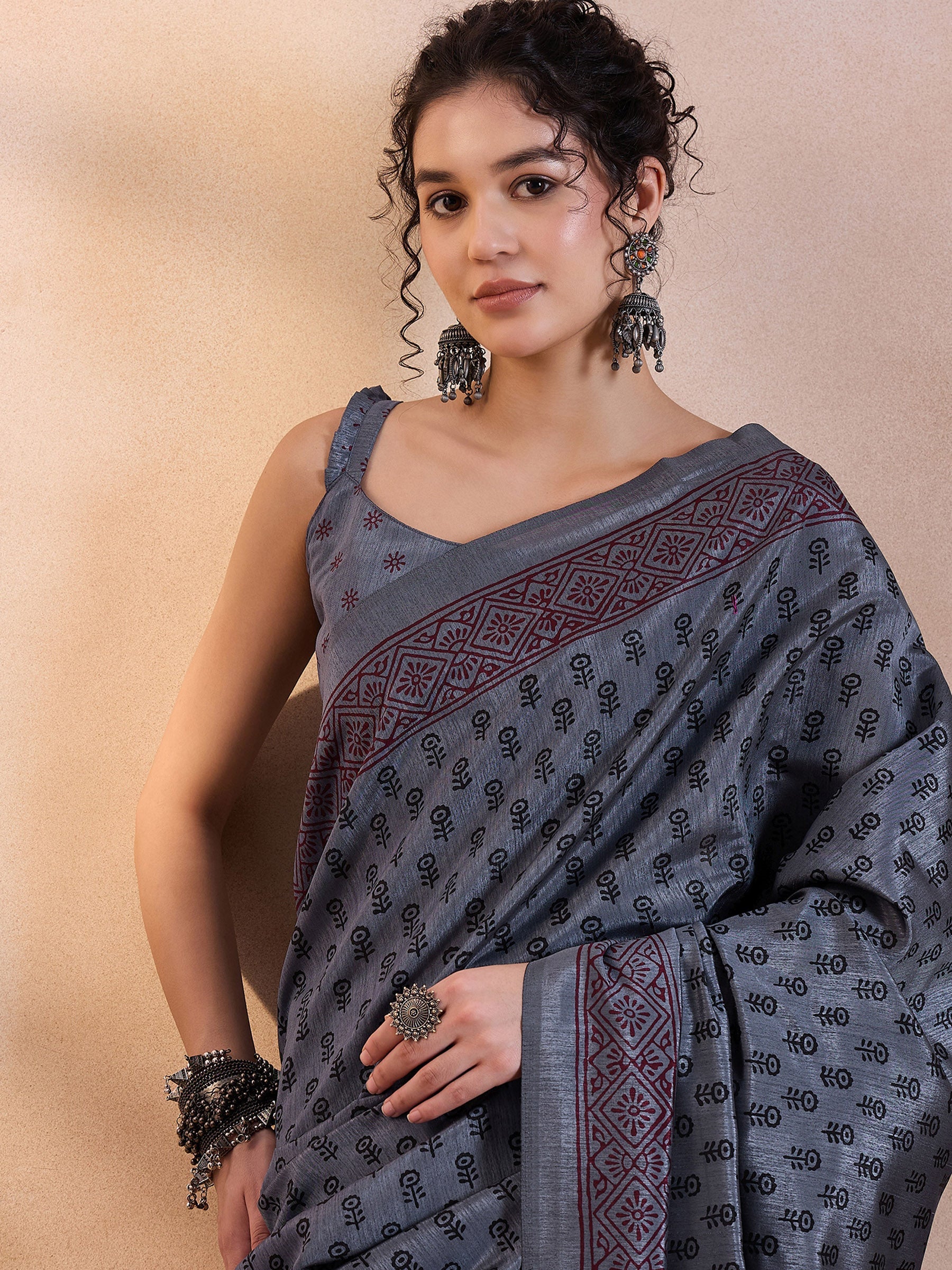 Buy MySilkLove Shuttle Grey Printed Dola Silk Saree Online