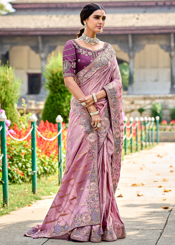 Persian Pink Woven Designer Banarasi Embroidered Silk Saree