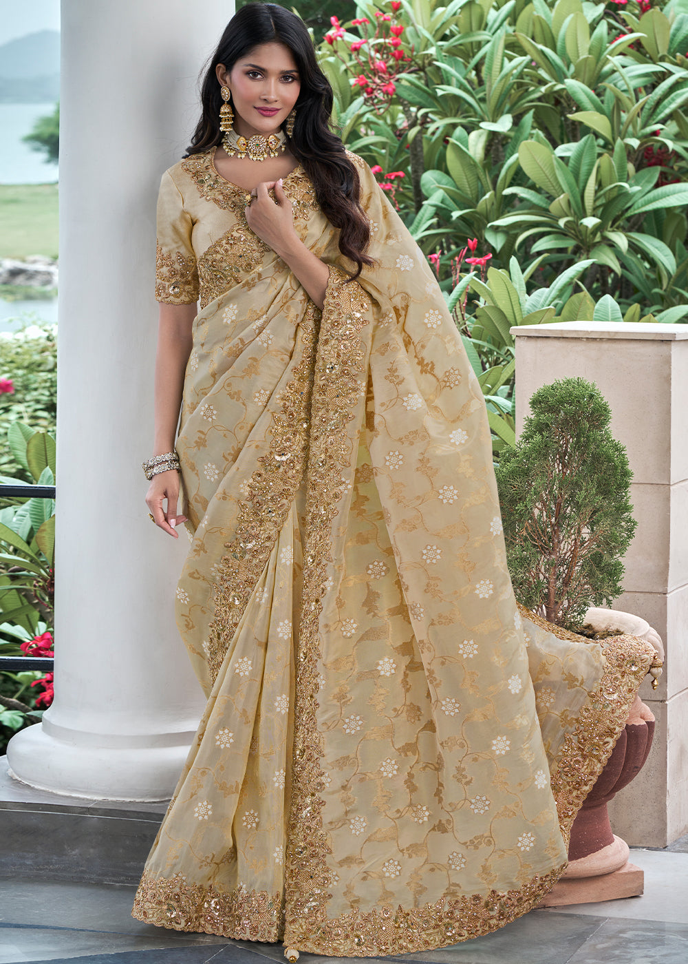 Buy MySilkLove Bavarian Cream Embroidered Designer Silk Saree Online