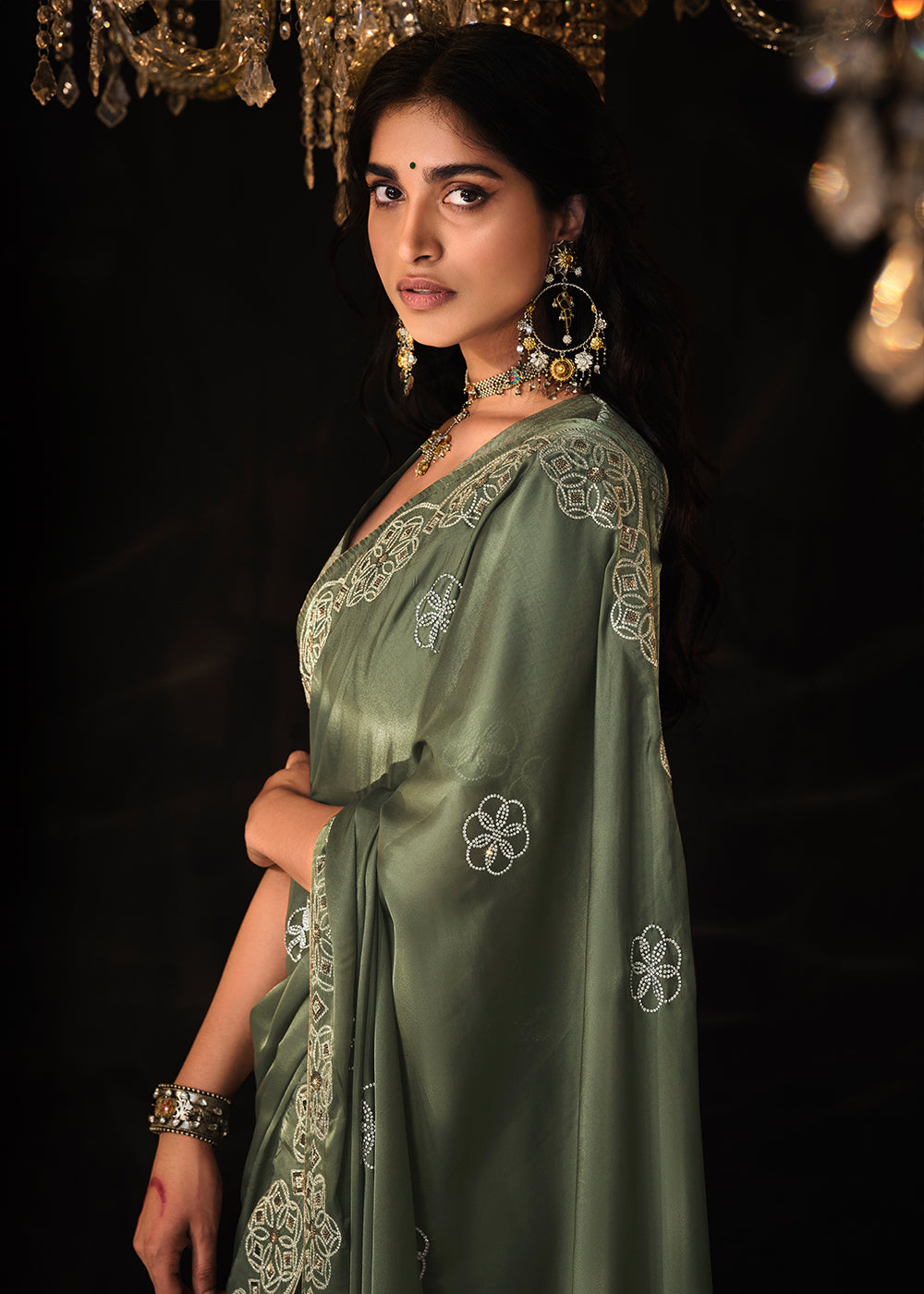 Buy MySilkLove Siam Green Embroidered Designer Satin Silk Saree Online