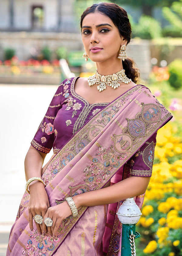 Persian Pink Woven Designer Banarasi Embroidered Silk Saree