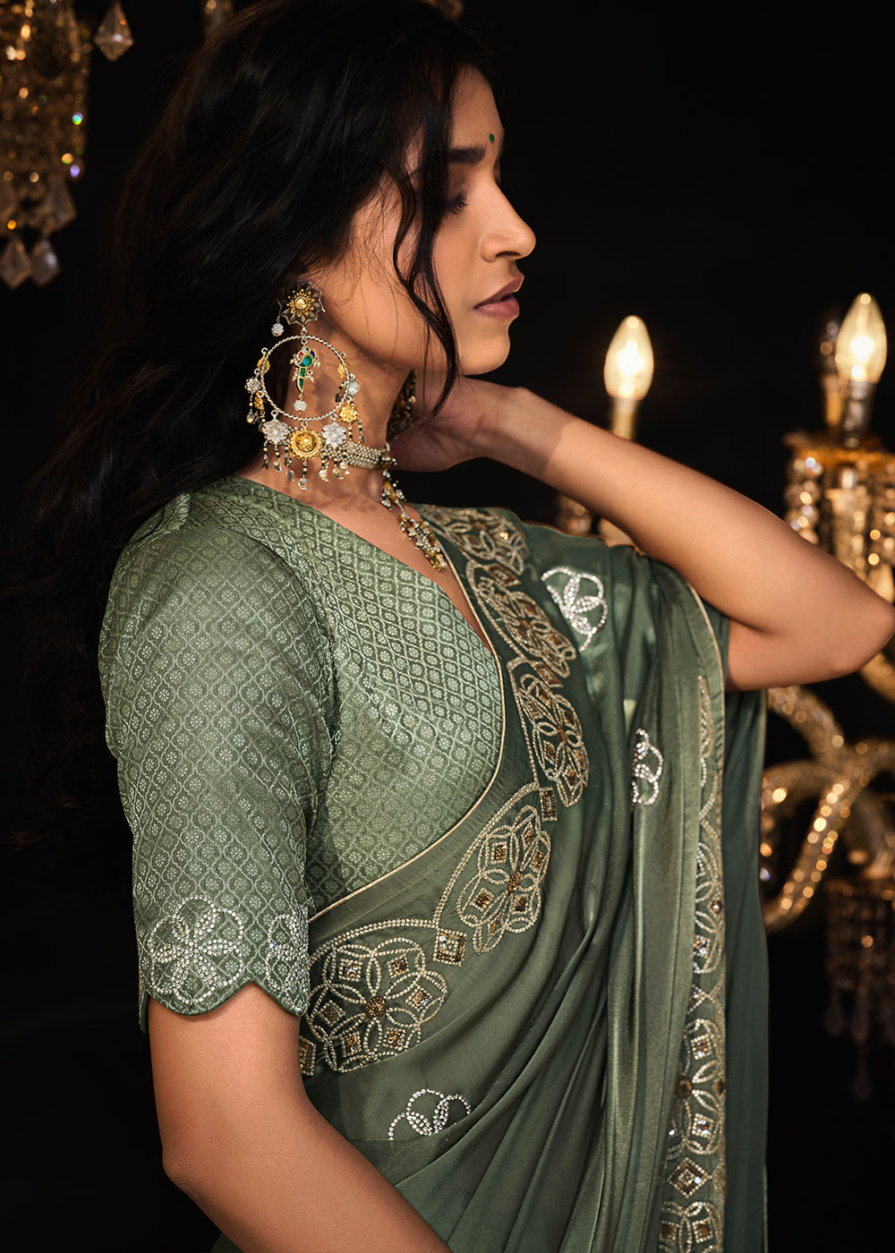 Buy MySilkLove Siam Green Embroidered Designer Satin Silk Saree Online