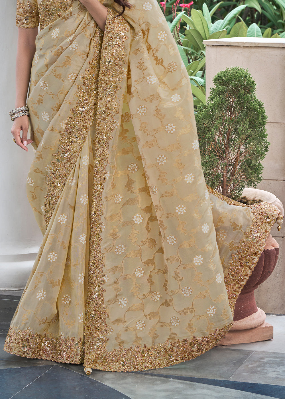 Buy MySilkLove Bavarian Cream Embroidered Designer Silk Saree Online