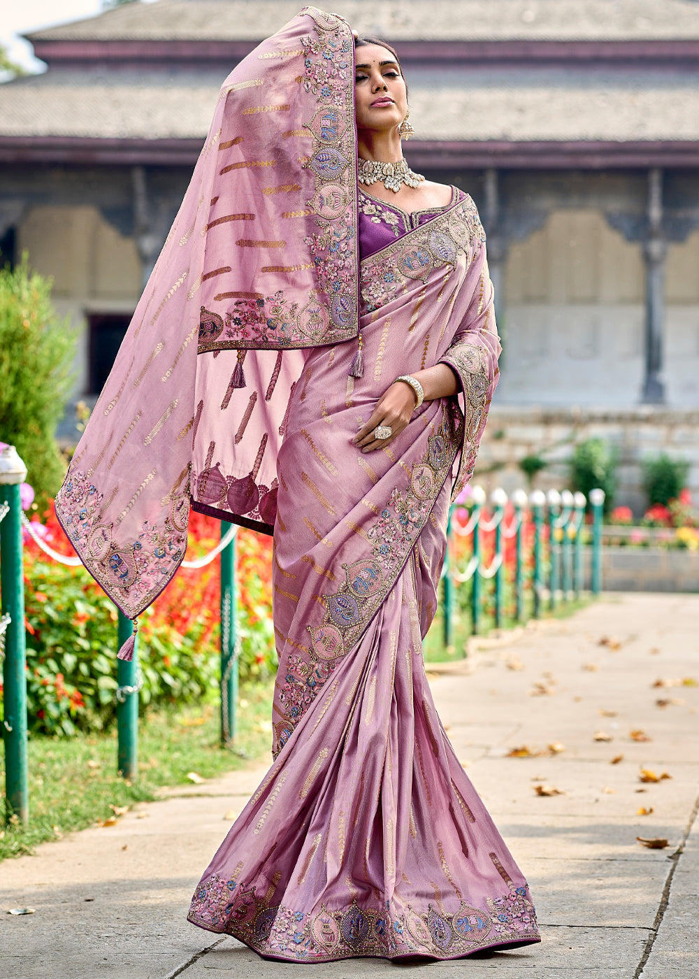 Buy MySilkLove Persian Pink Woven Designer Banarasi Embroidered Silk Saree Online