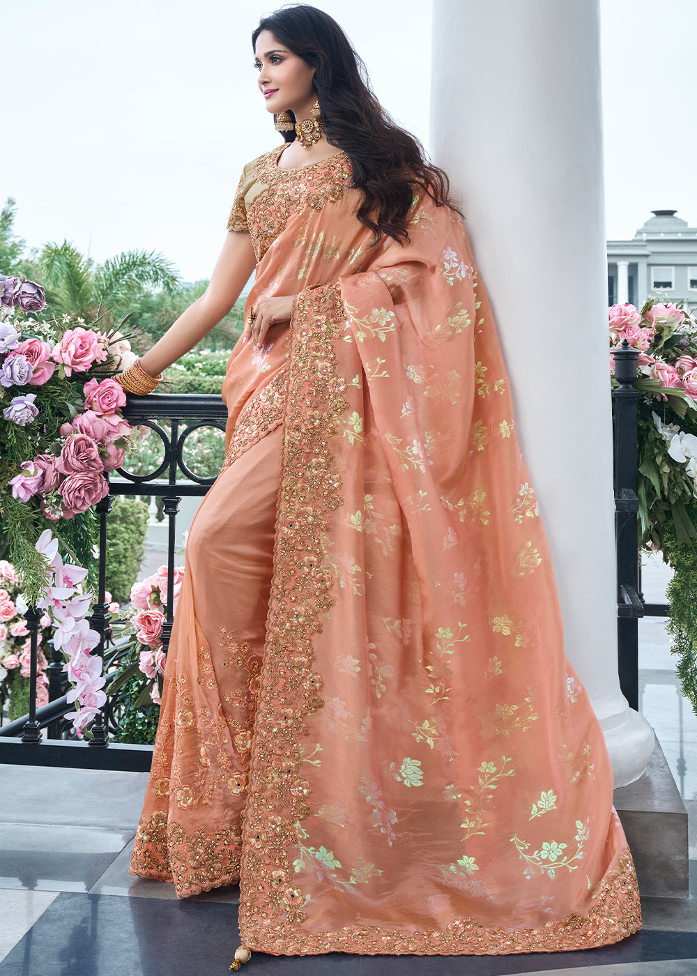 Buy MySilkLove Cadellight Peach Embroidered Designer Silk Saree Online