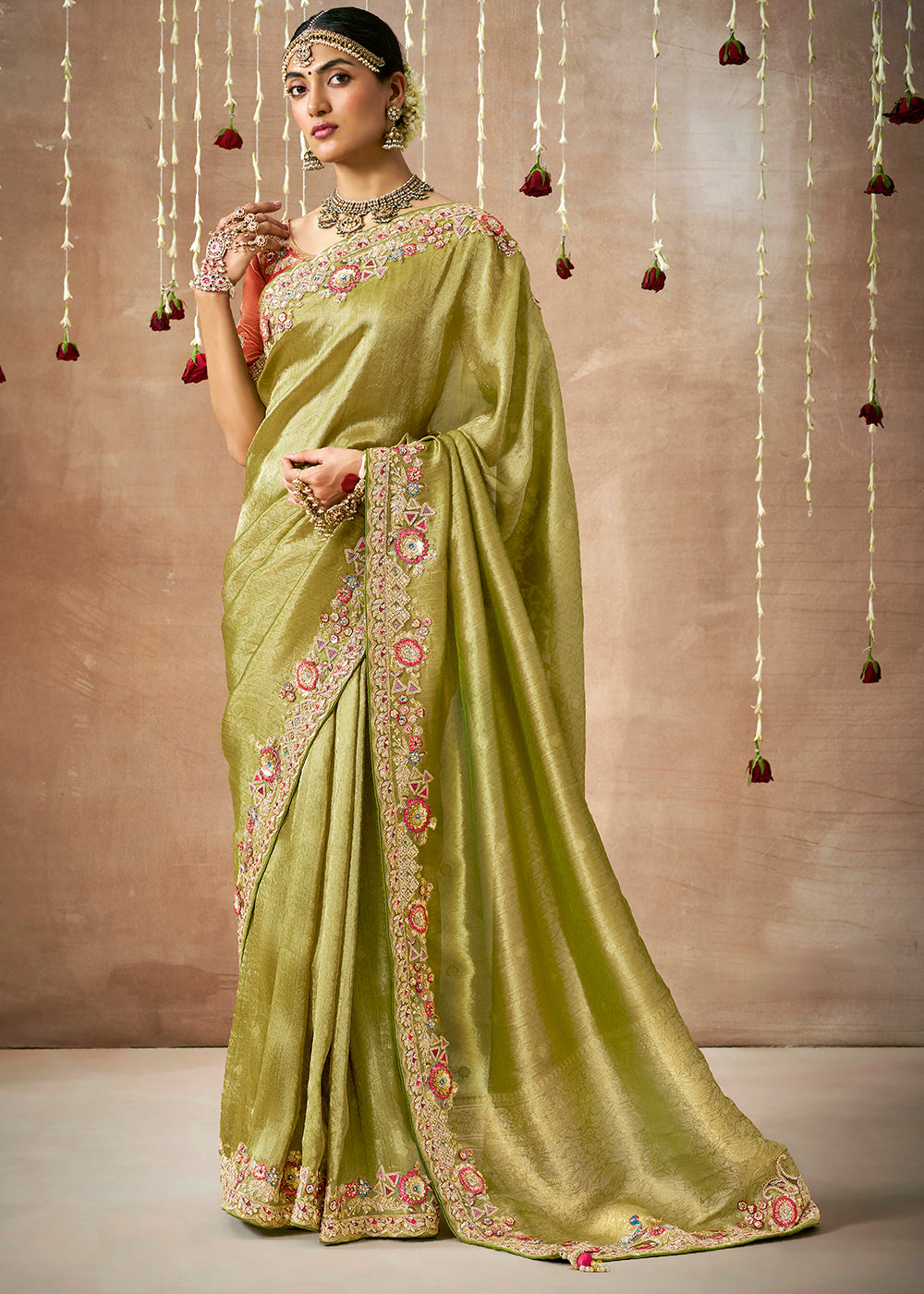 Buy MySilkLove Pistachio Green  Zari Woven Embroidery Designer Tissue Dola Silk Saree Online