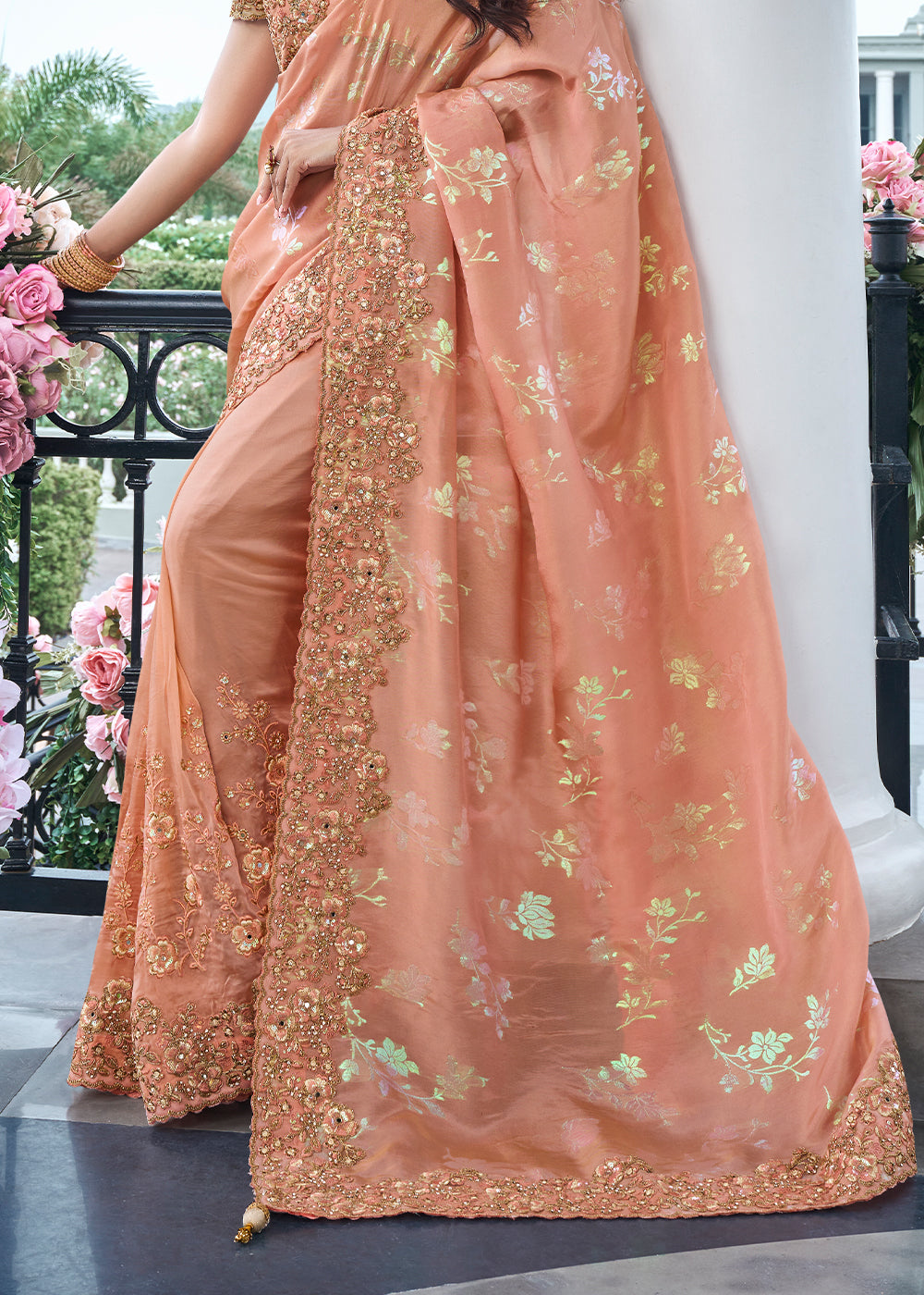 Buy MySilkLove Cadellight Peach Embroidered Designer Silk Saree Online