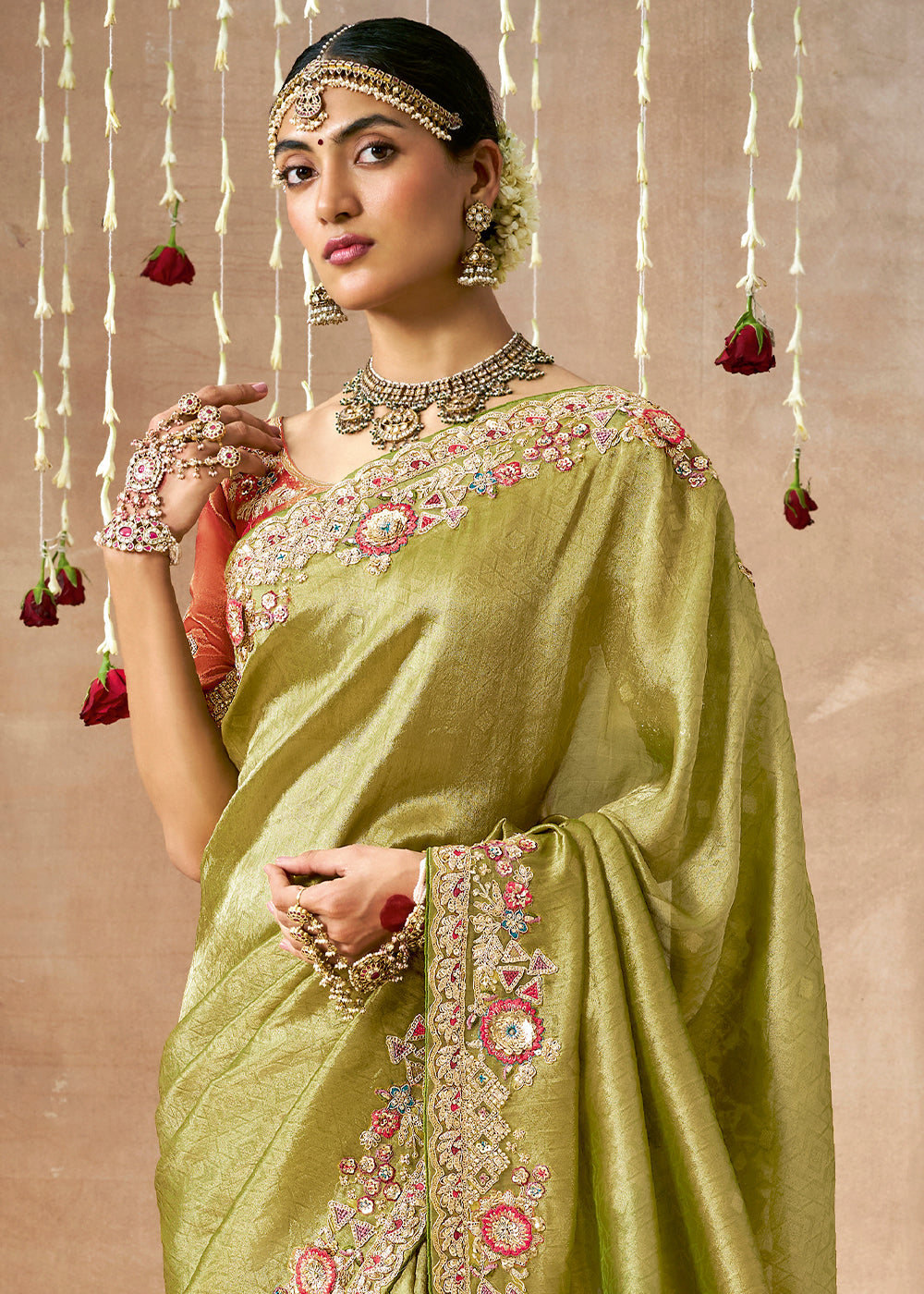 Buy MySilkLove Pistachio Green  Zari Woven Embroidery Designer Tissue Dola Silk Saree Online