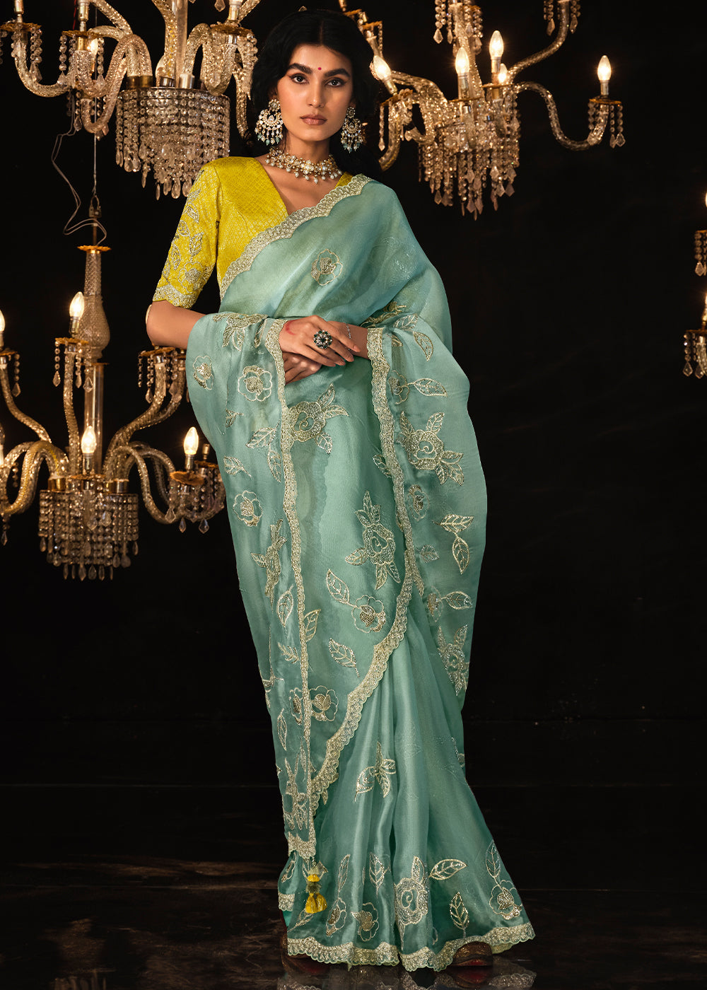 Buy MySilkLove Spanish Green Embroidered Designer Satin Silk Saree Online