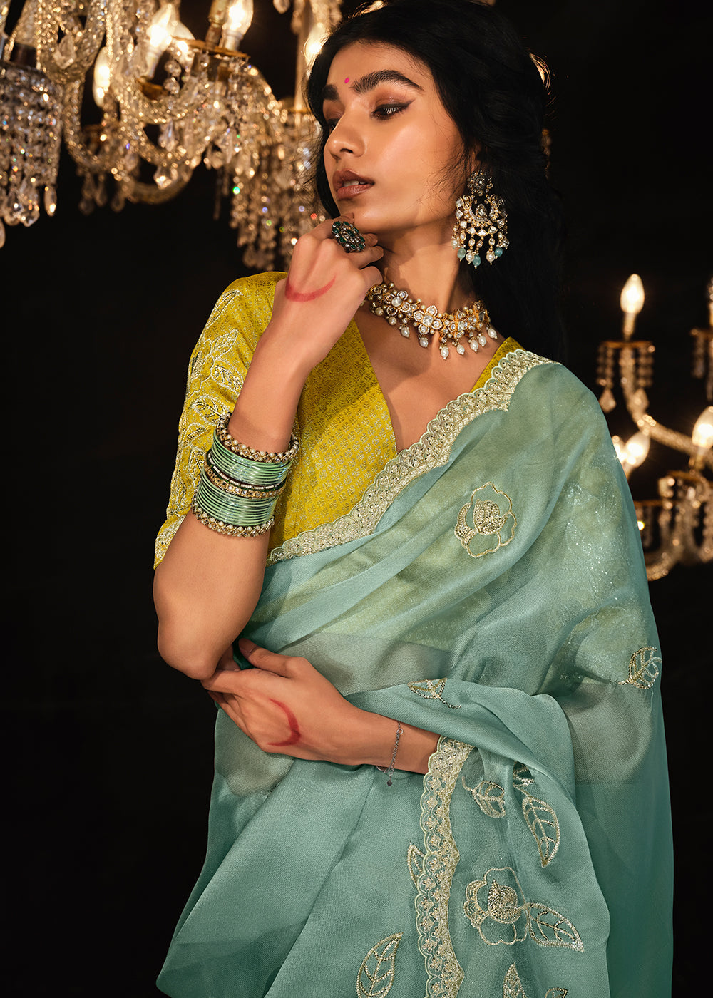 Buy MySilkLove Spanish Green Embroidered Designer Satin Silk Saree Online