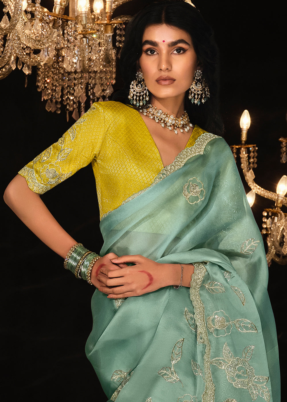 Buy MySilkLove Spanish Green Embroidered Designer Satin Silk Saree Online