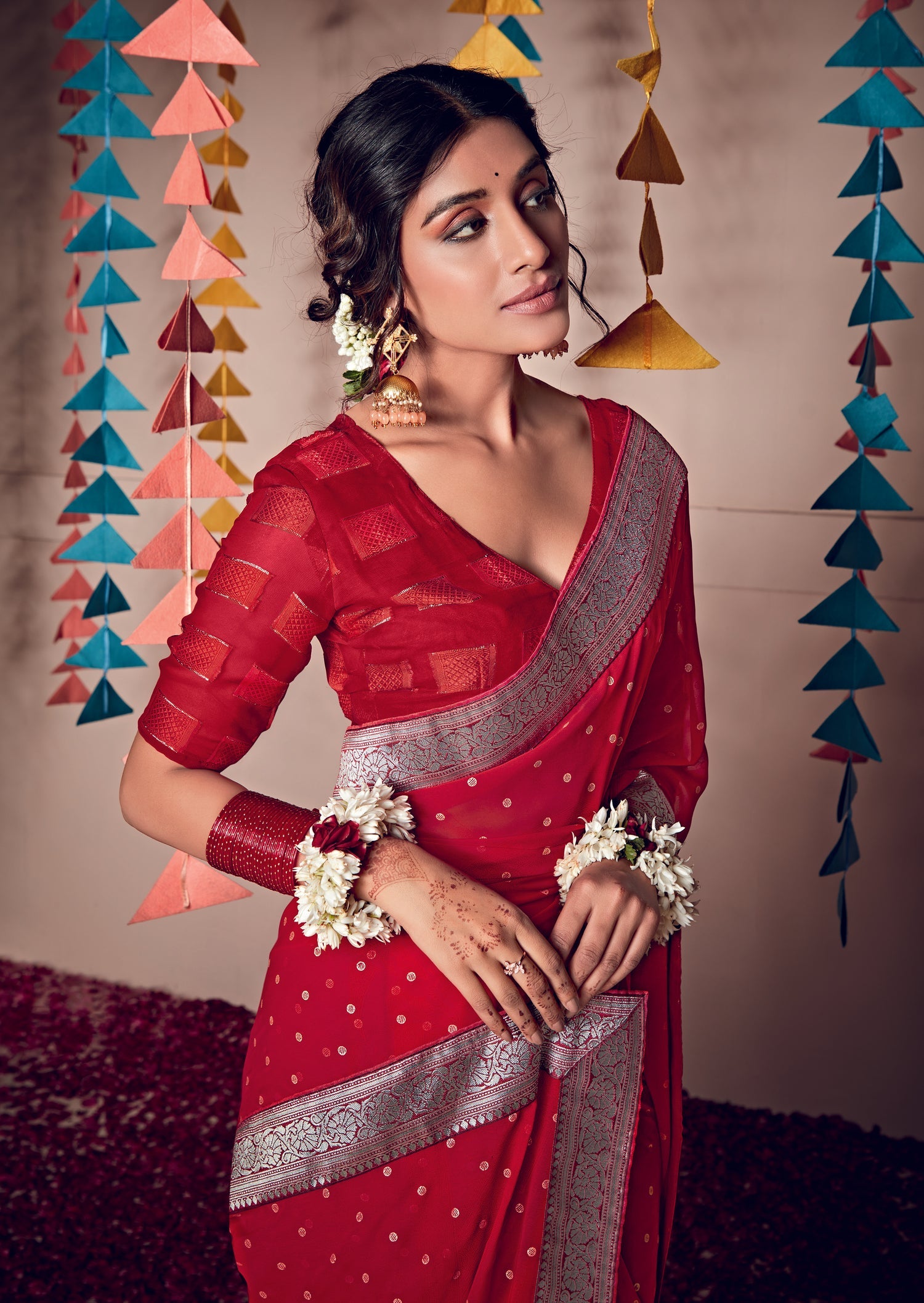 Buy MySilkLove Brick Red Woven Georgette Saree Online