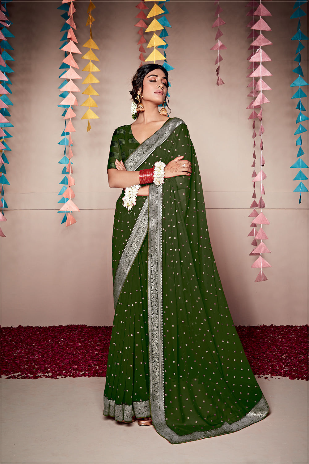 Buy MySilkLove Thatch Green Woven Georgette Saree Online