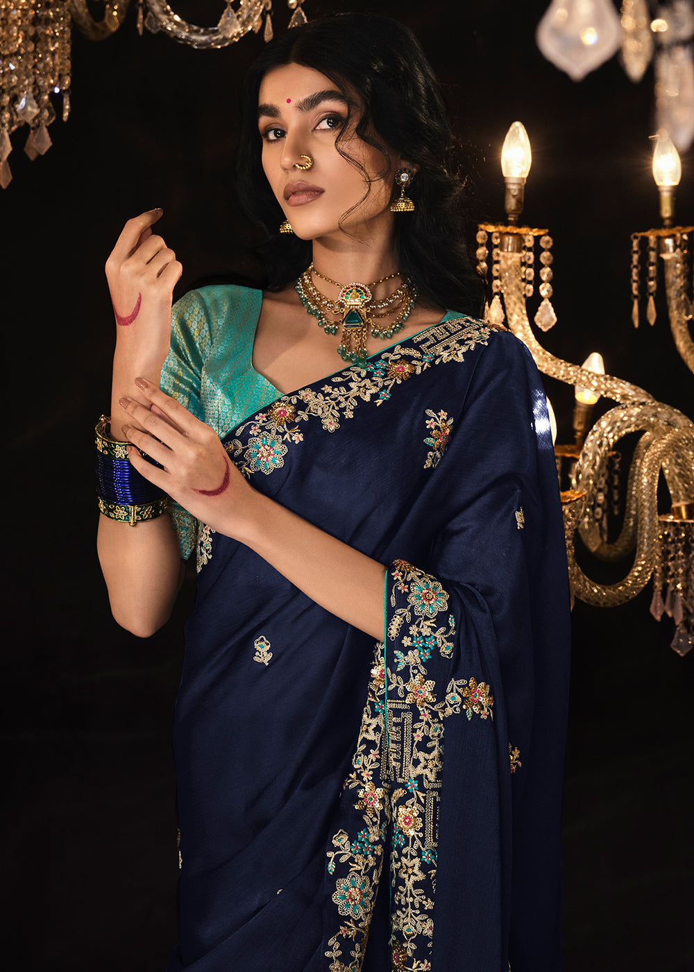 MySilkLove Space Blue Embroidered Designer Satin Silk Saree