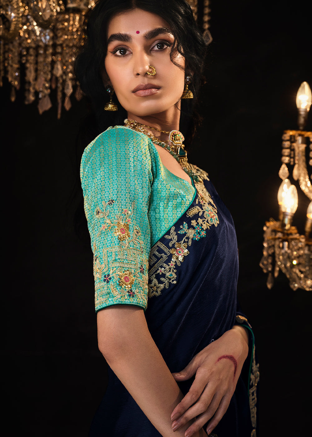 Buy MySilkLove Space Blue Embroidered Designer Satin Silk Saree Online