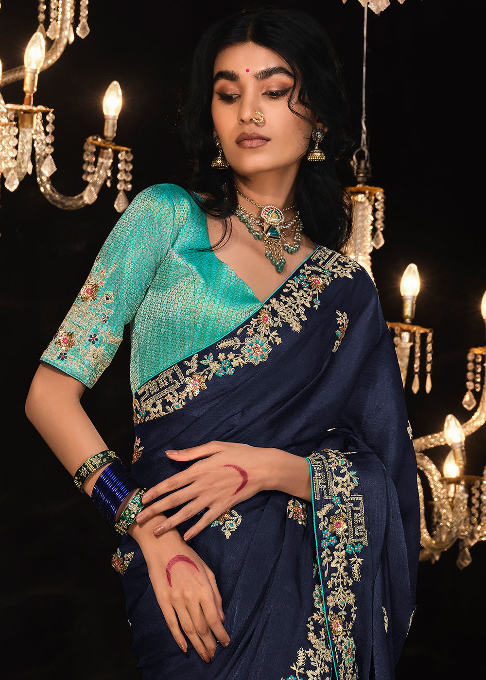 Buy MySilkLove Space Blue Embroidered Designer Satin Silk Saree Online