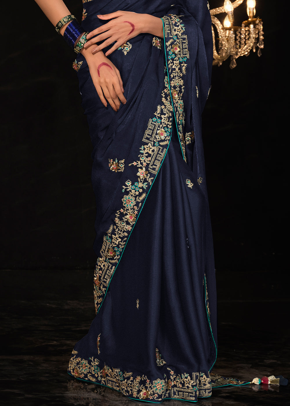 Buy MySilkLove Space Blue Embroidered Designer Satin Silk Saree Online