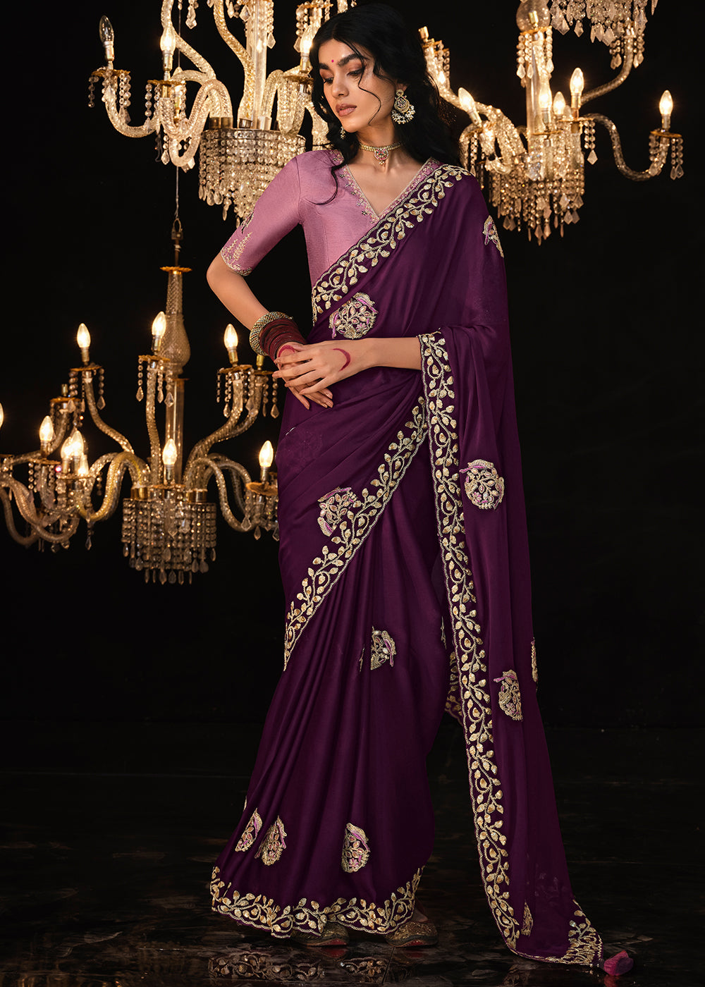 Buy MySilkLove Wine Berry Purple Embroidered Designer Satin Silk Saree Online