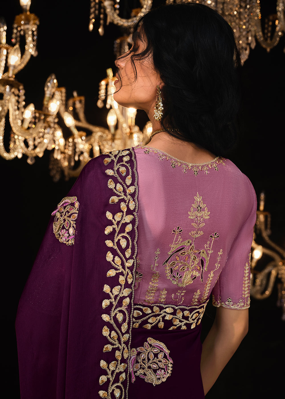 Buy MySilkLove Wine Berry Purple Embroidered Designer Satin Silk Saree Online