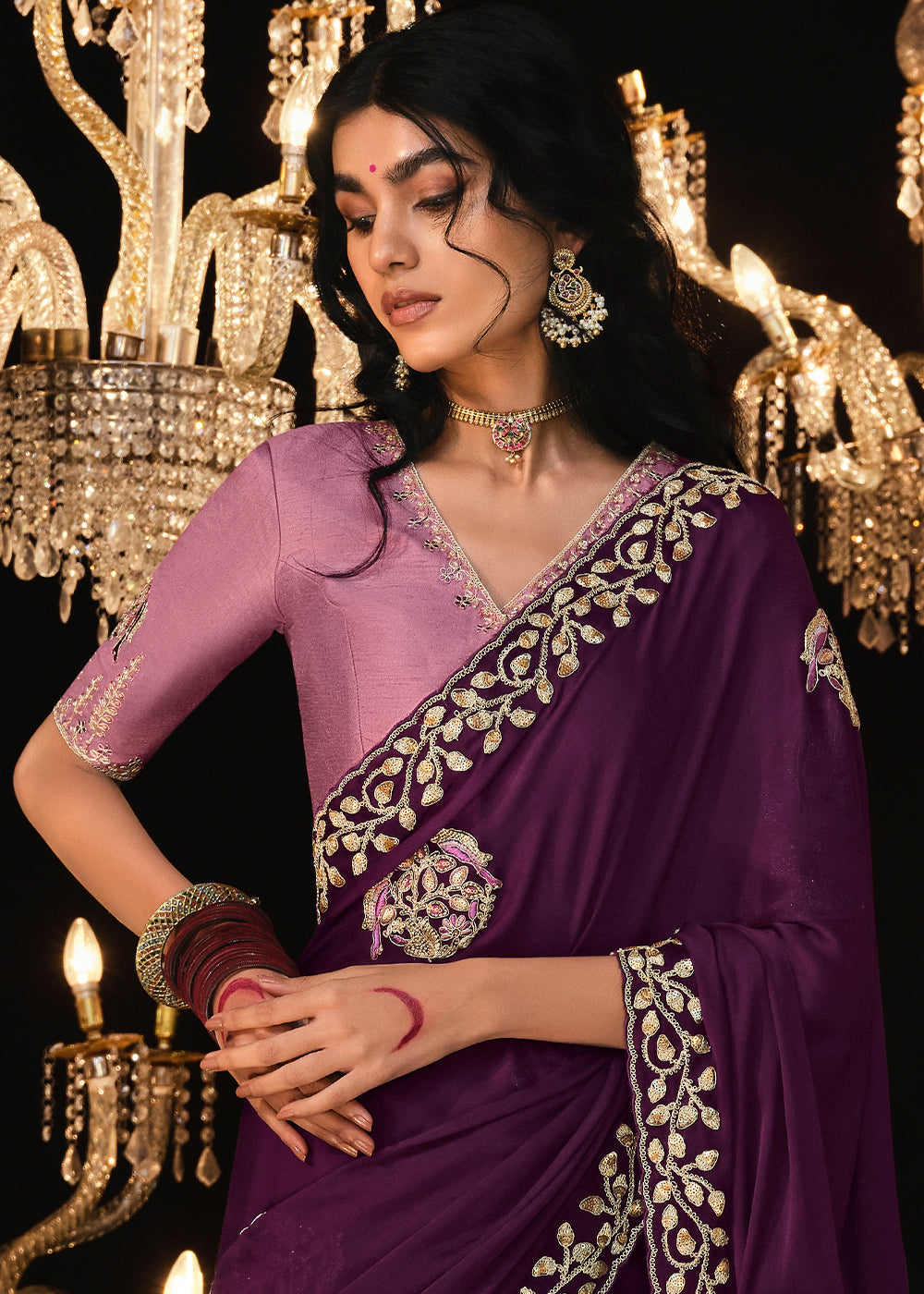 Buy MySilkLove Wine Berry Purple Embroidered Designer Satin Silk Saree Online