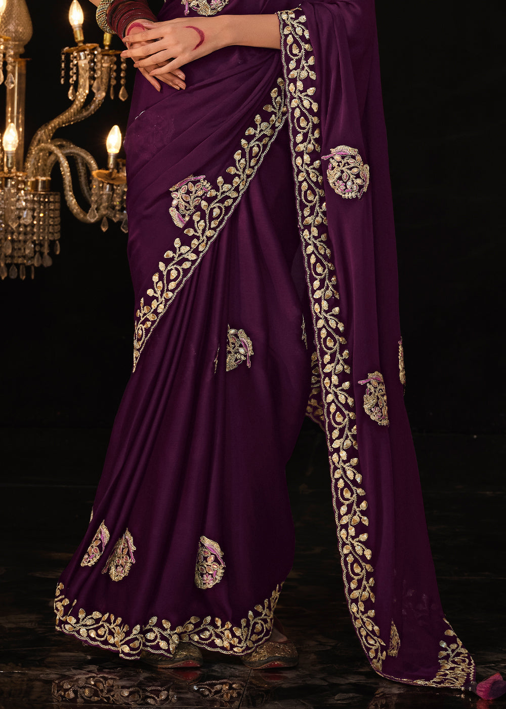 Buy MySilkLove Wine Berry Purple Embroidered Designer Satin Silk Saree Online