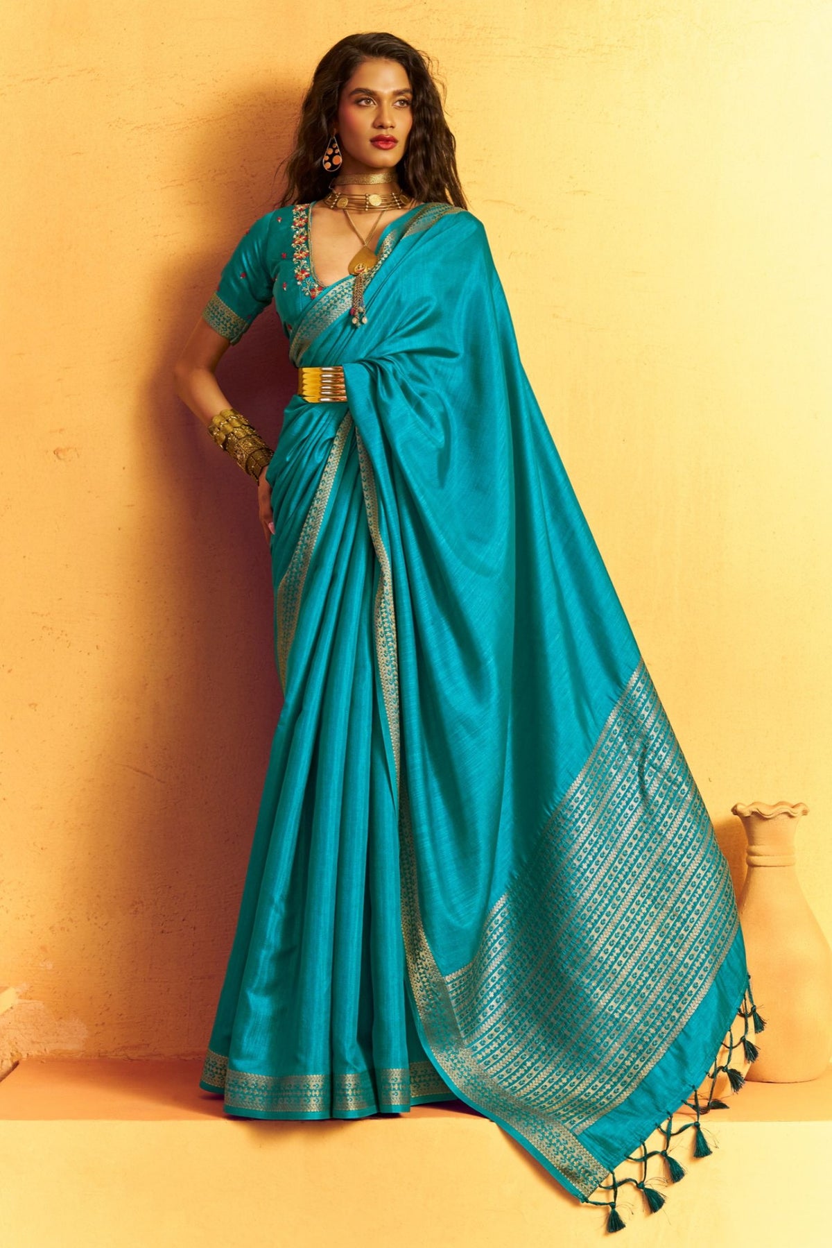Buy MySilkLove Celtic Blue Tussar Handloom Silk Saree Online
