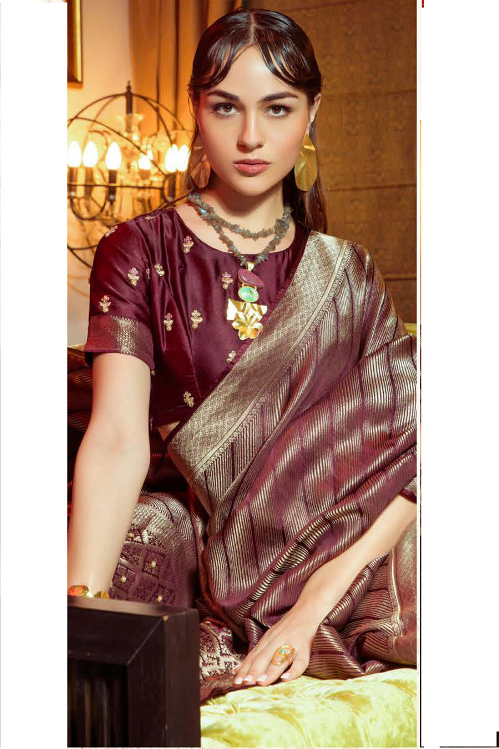 MySilkLove Roman Coffee Brown Zari Woven Satin Silk Saree