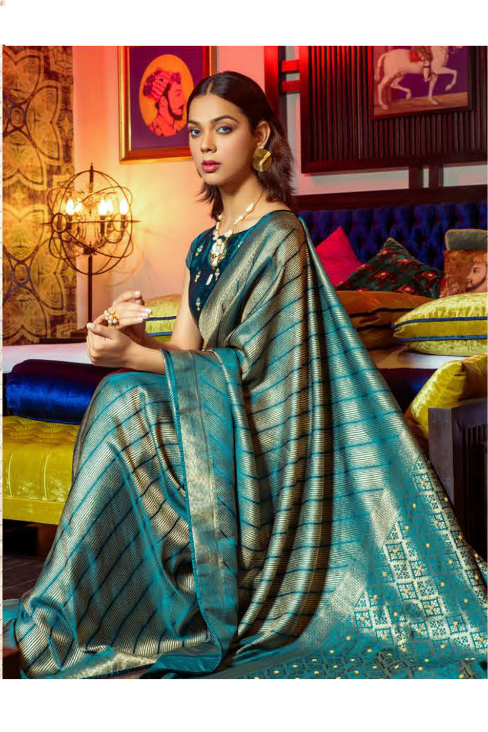 MySilkLove Hippie Blue Zari Woven Satin Silk Saree