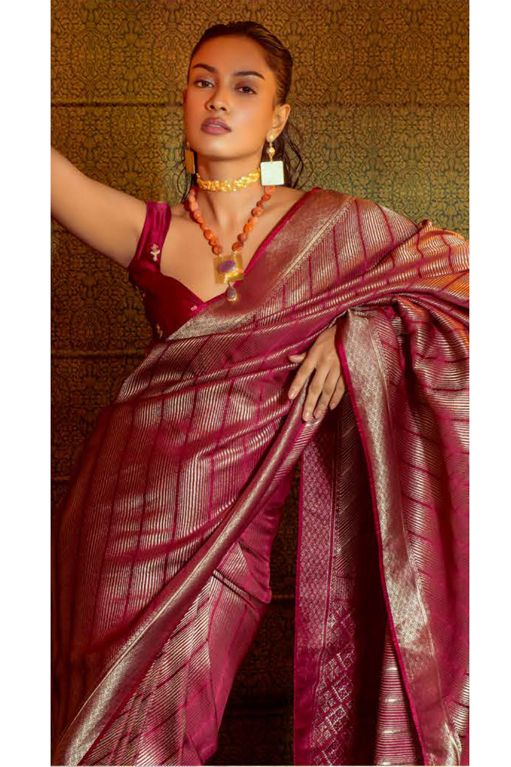 Buy MySilkLove Burnt Umber Brown Zari Woven Satin Silk Saree Online