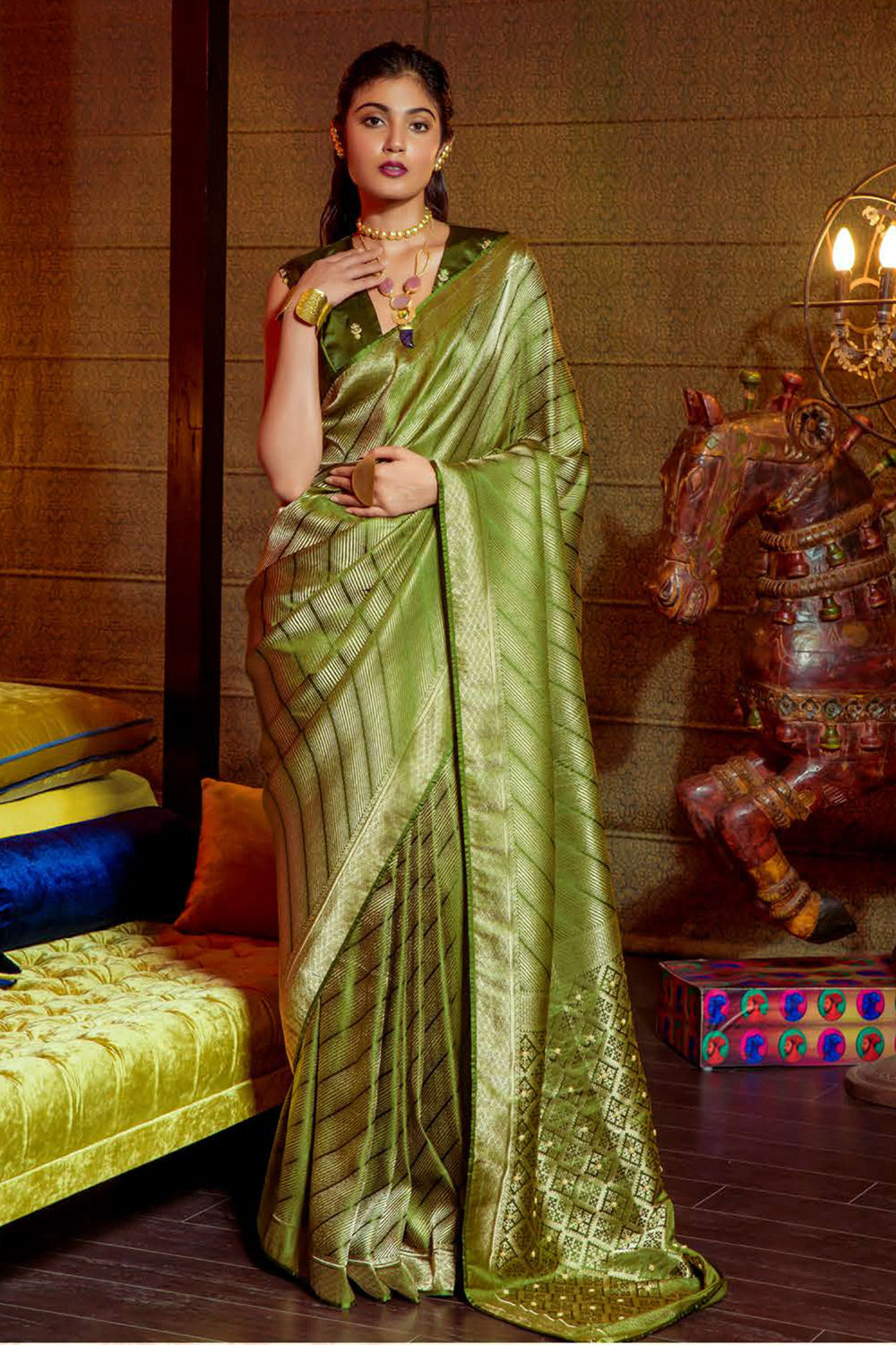 Buy MySilkLove Pacifika Green Zari Woven Satin Silk Saree Online