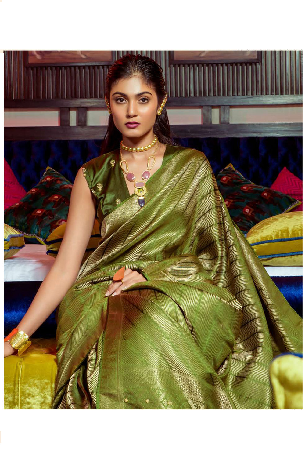 Buy MySilkLove Pacifika Green Zari Woven Satin Silk Saree Online