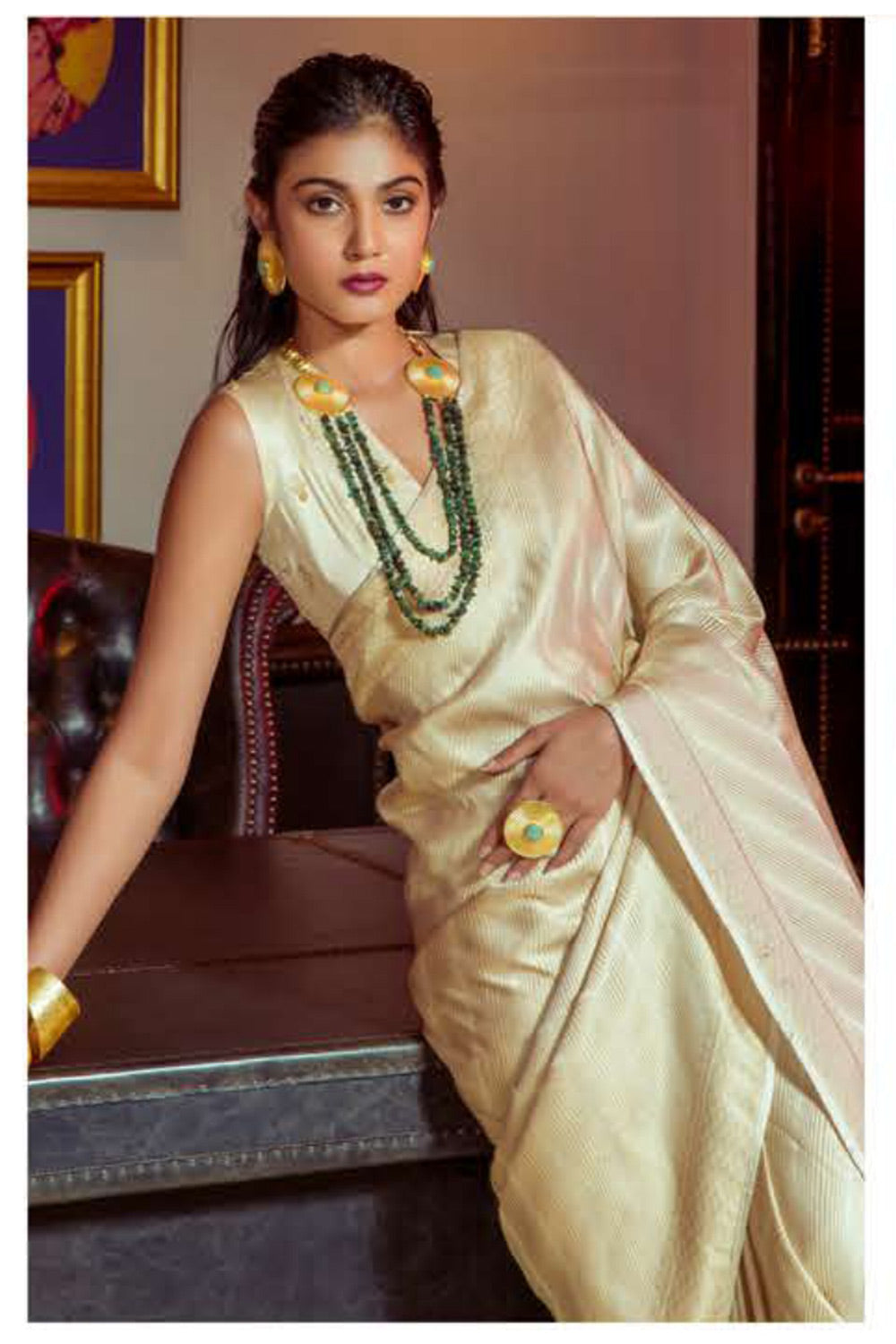 Buy MySilkLove Varden Cream Zari Woven Satin Silk Saree Online