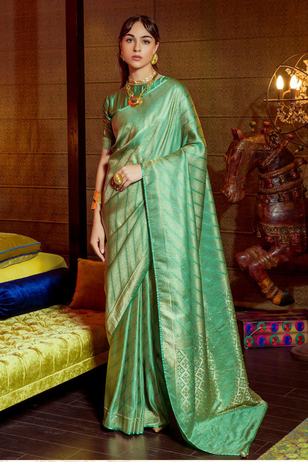 Buy MySilkLove Forest Green Zari Woven Satin Silk Saree Online