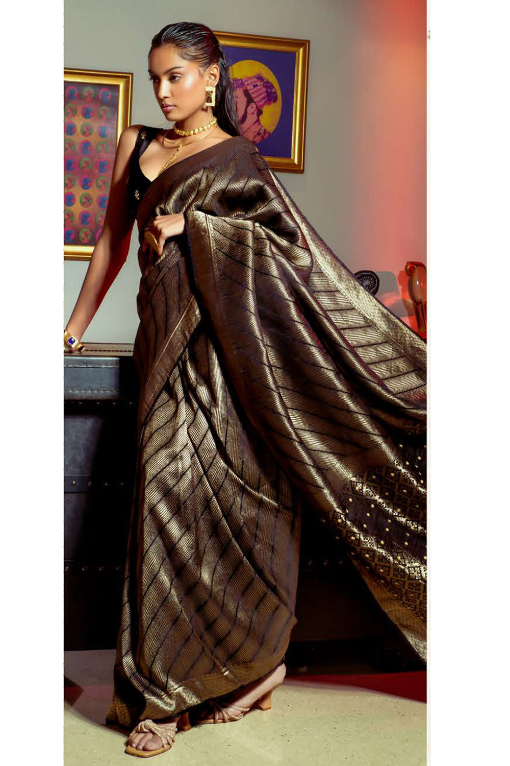 Buy MySilkLove Nero Black Zari Woven Satin Silk Saree Online