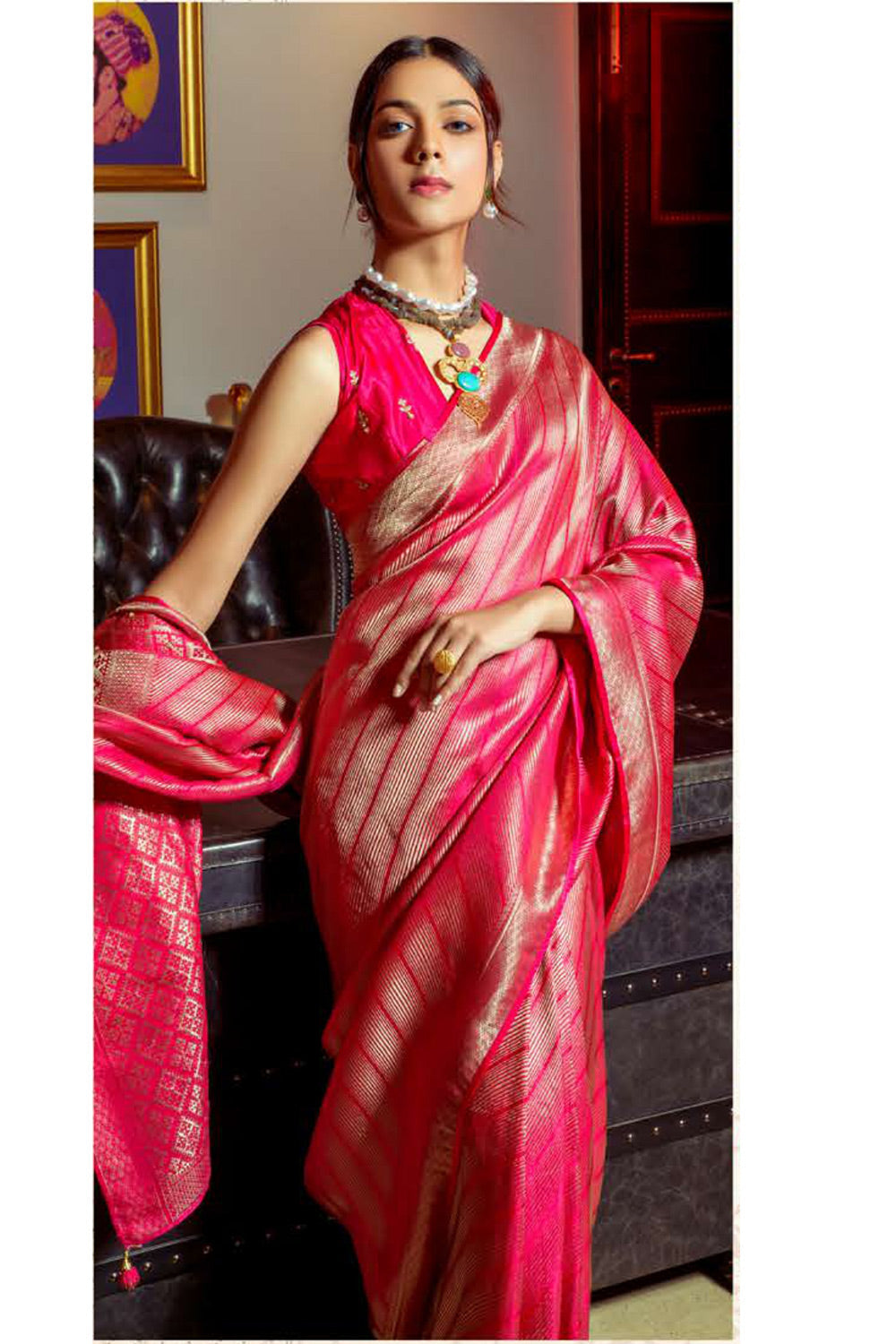 Buy MySilkLove Rose Pearl Pink Zari Woven Satin Silk Saree Online