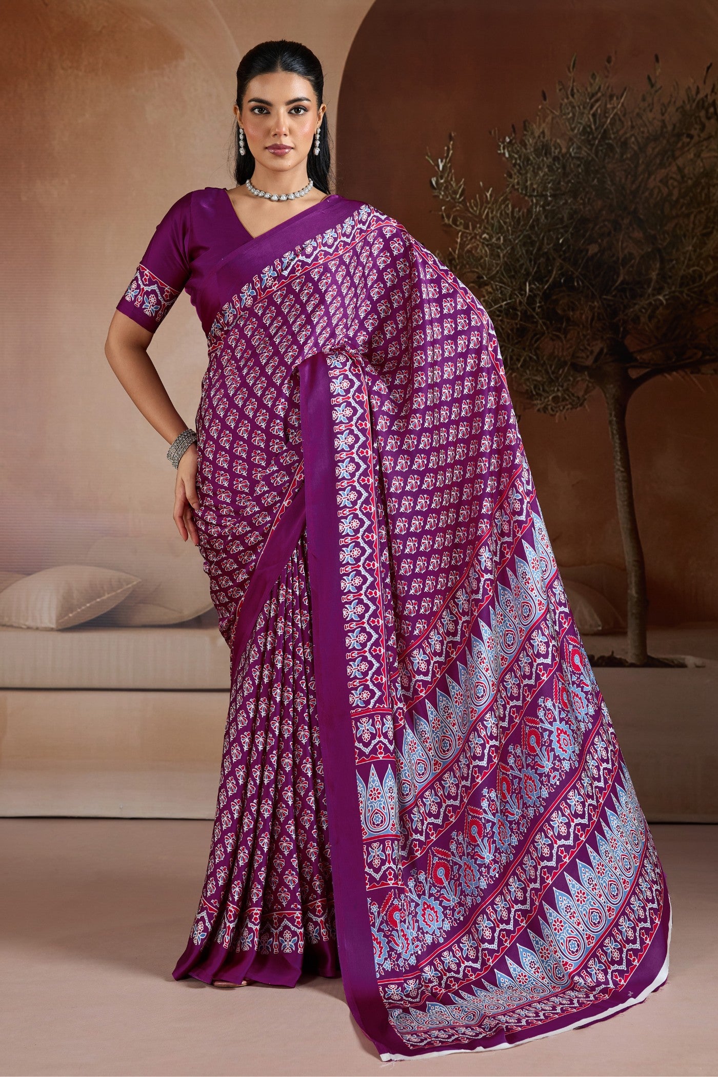 Buy MySilkLove Berry Purple Ajrakh Printed Satin Crepe Silk Saree Online