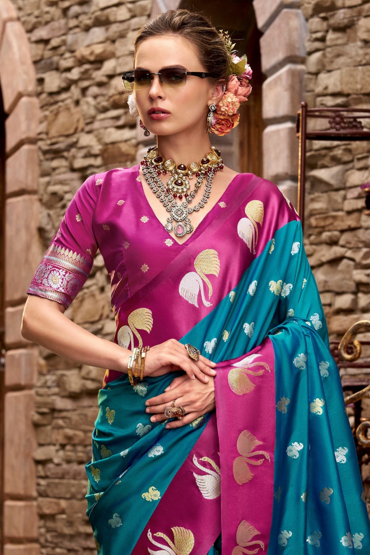 Buy MySilkLove Trypan Blue Woven Satin Soft Silk Saree Online